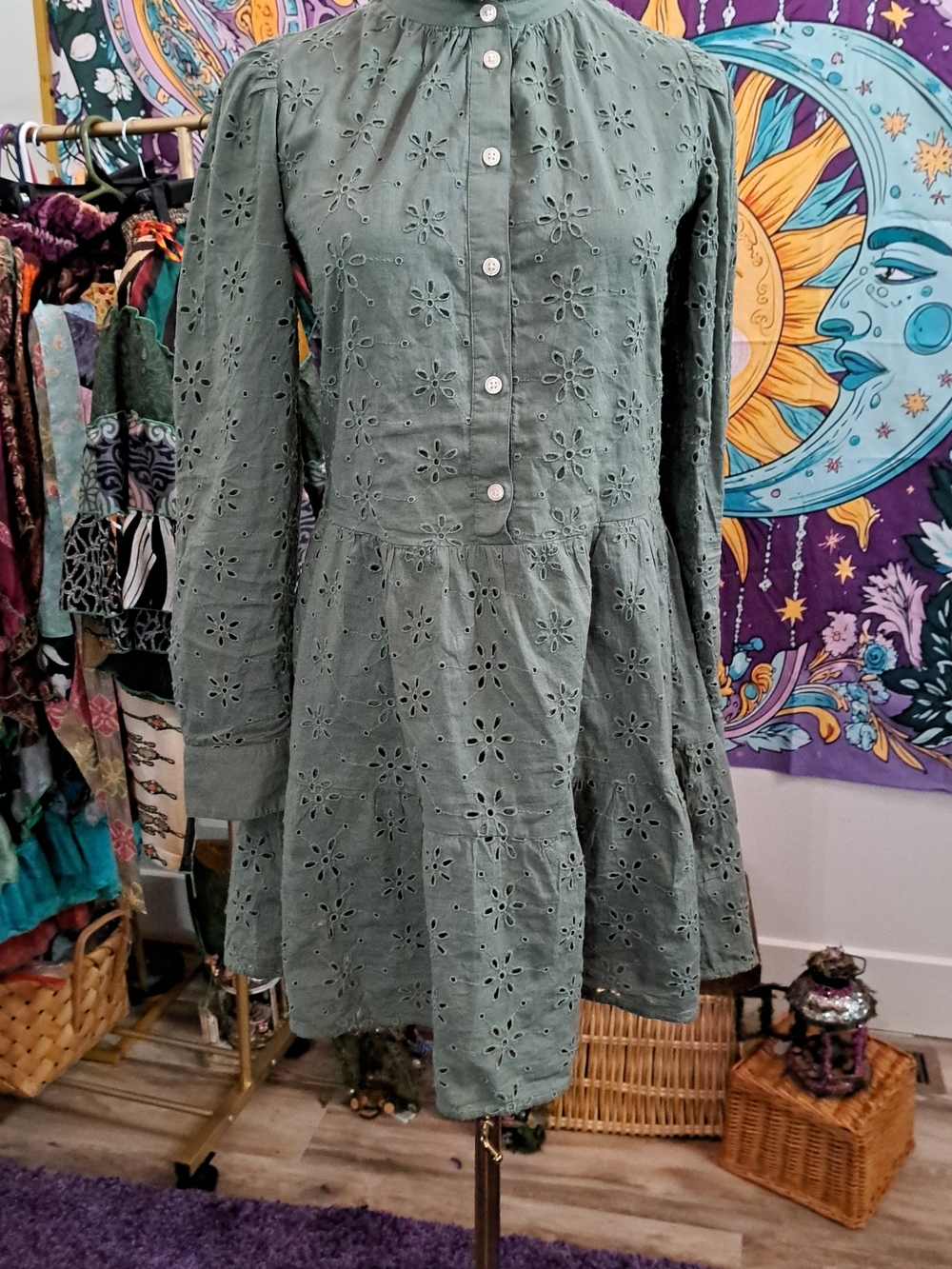 🌿 GAP Sage Green Eyelet Prairie Mini Dress • XXS
